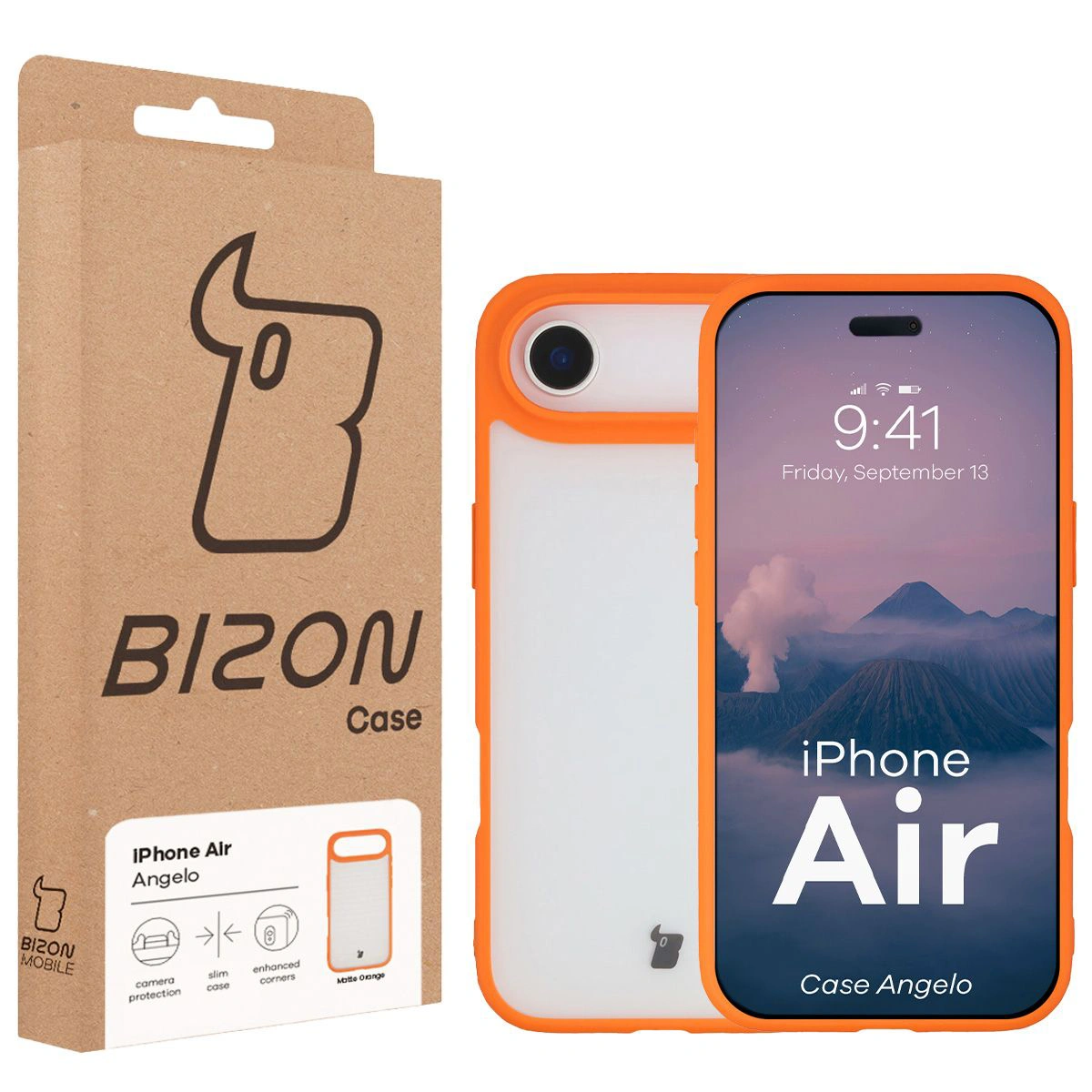 Przód pudełka Bizon Case z dedykowaną etykietą do Apple iPhone Air